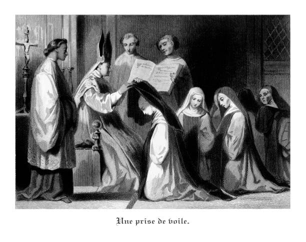 Priest delivering vows to incoming nuns, Antique French Engraved Illustrations of Les Couvents (The Convent), 1846 Very Rare, Beautifully Illustrated Antique Antique French Engraved Illustrations of Priest delivering vows to incoming nuns, Les Couvents (The Convent), Published in 1846. Source: Original edition from my own archives. Copyright has expired on this artwork. Digitally restored. cloister stock illustrations