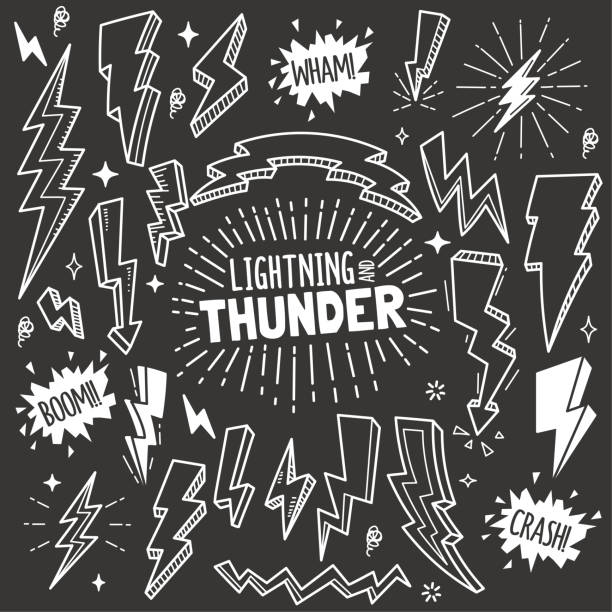 lightning- und thunder-design-elemente. vektor-doodle-illustration set in tafel-kreide-stil. - design pencil drawing doodle environment stock-grafiken, -clipart, -cartoons und -symbole