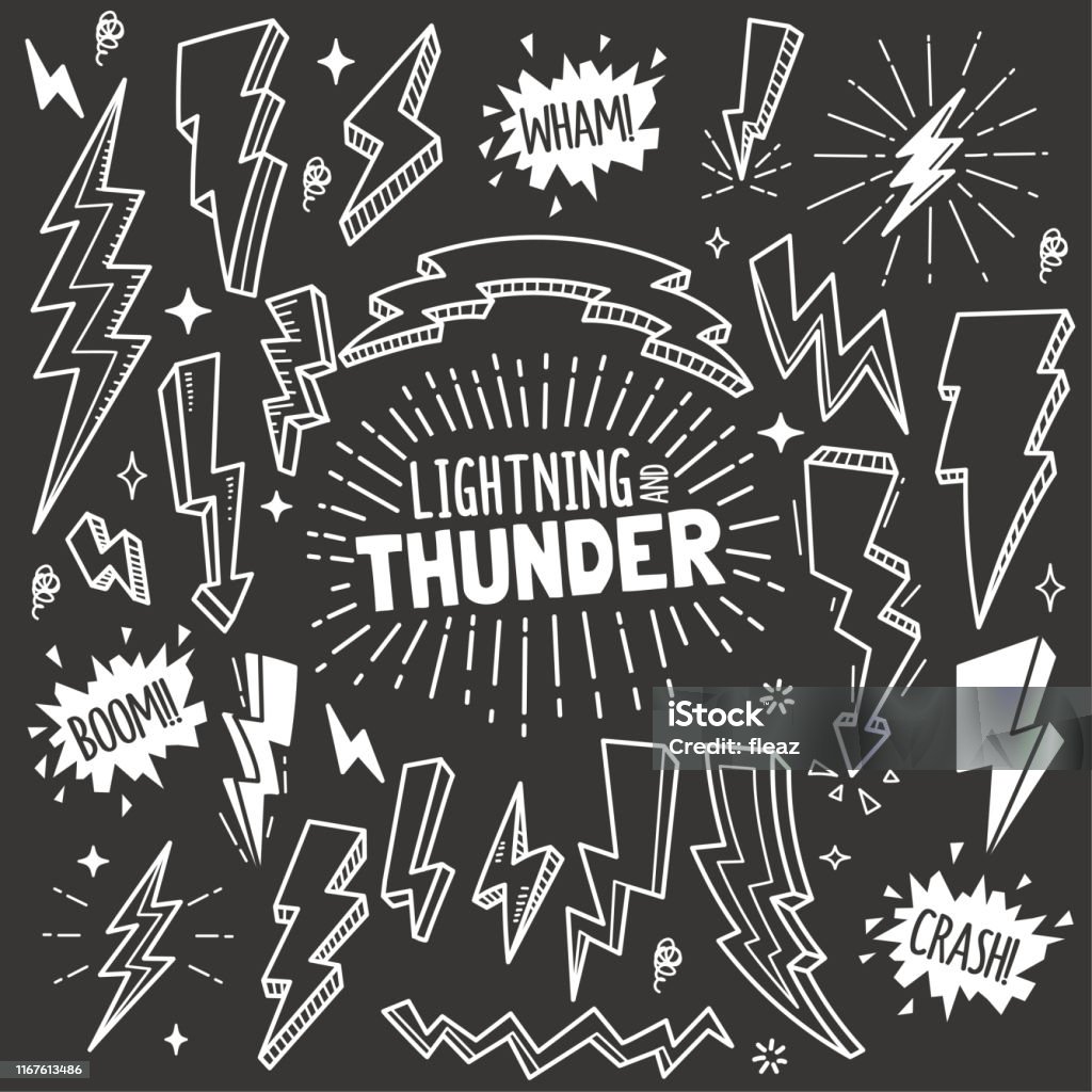 Lightning and Thunder Design elements. Vector Doodle Illustration Set in Blackboard Chalk Style. - Royalty-free Giz - Equipamento de Arte e Artesanato arte vetorial