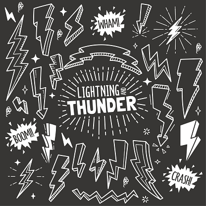 Lightning and Thunder Design elements. Vector Doodle Illustration Set in Blackboard Chalk Style.