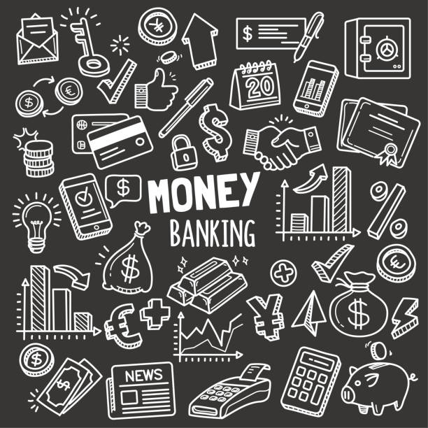 Money and Banking Design elements. Vector Doodle Illustration Set in Blackboard Chalk Style. Set of money and banking related objects and elements. Hand drawn vector doodle illustration collection in Blackboard chalk style. accounting drawings stock illustrations