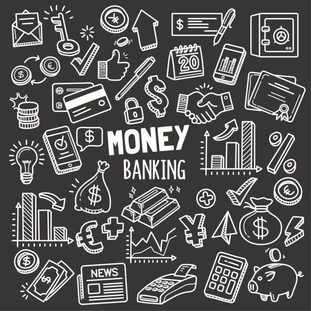 Money and Banking Design elements. Vector Doodle Illustration Set in Blackboard Chalk Style. Set of money and banking related objects and elements. Hand drawn vector doodle illustration collection in Blackboard chalk style. bank patterns stock illustrations