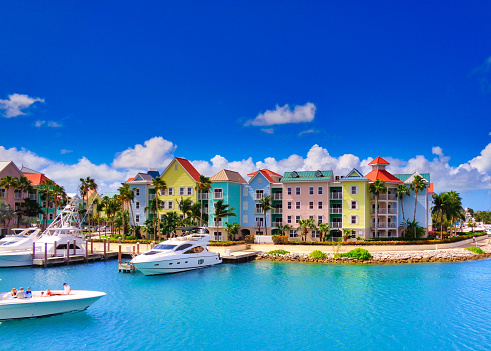 Pastel coloured waterfront houses in Nassau