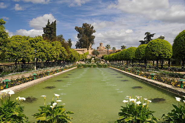 alcázar de los reyes cristianos, cordova, spagna - fountain landscaped ornamental garden flower bed foto e immagini stock