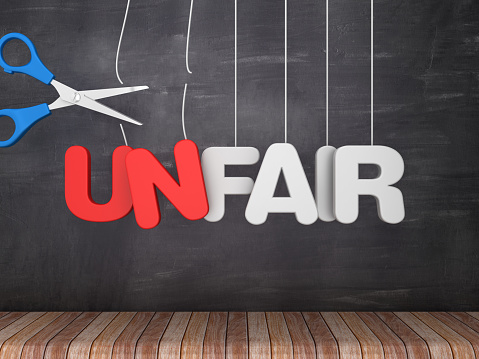 UNFAIR-FAIR Hanging Word with Scissors on Chalkboard Background - 3D Rendering