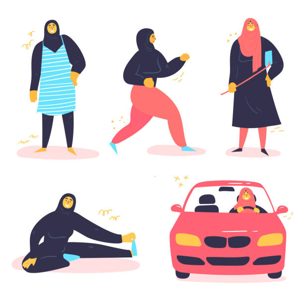阿拉伯女孩在不同的情況,在頭巾 - 回教泳裝 圖片 幅插畫檔、美工圖案、卡通及圖標