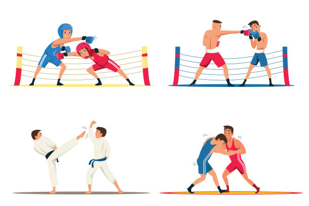 illustrazioni stock, clip art, cartoni animati e icone di tendenza di set di illustrazioni piatte per combattenti professionisti - extreme sports karate sport exercising