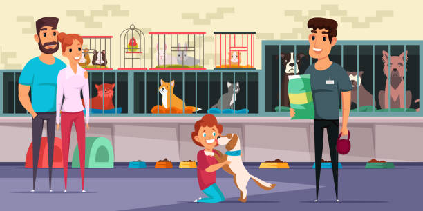 Family adopting puppy flat vector illustration Family adopting puppy flat vector illustration. Young couple, happy child and pet shop worker cartoon characters. People in animal shelter, parents buying dog for kid. Nurslings in cages animal shelter stock illustrations