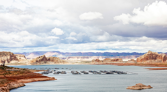 Lake Powell marina, Arizona and Utah borders near Page AZ. US of America, spring day, cloudy sky