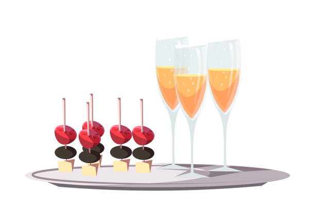 Canapes and champagne flat vector illustration Canapes and champagne flat vector illustration. Gourmet restaurant, prestigious party service. Luxury reception food and drinks, VIP event snacks. Wine glasses and appetizers on serving tray buffet illustrations stock illustrations