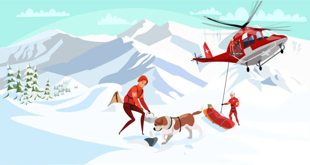 알파인 구조 서비스 플랫 벡터 일러스트 - rescue helicopter mountain snow stock illustrations