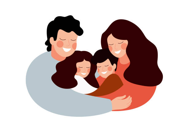 illustrazioni stock, clip art, cartoni animati e icone di tendenza di genitori e figli abbracciano insieme e sorridono - family
