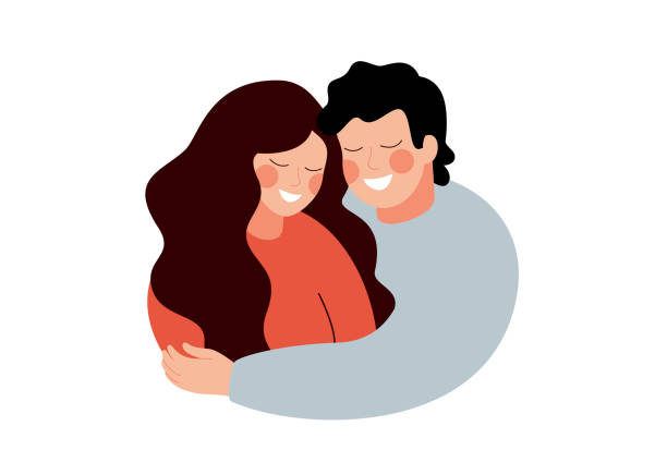 paar in der liebe umarmt zusammen und lächeln - umarmung stock-grafiken, -clipart, -cartoons und -symbole