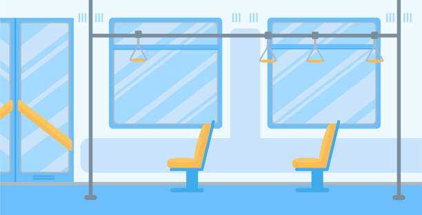 ilustrações de stock, clip art, desenhos animados e ícones de empty public transport flat vector illustration - vehicle interior indoors window chair