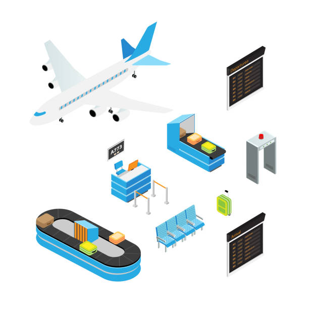 аэропорт изометрические векторные иллюстрации набор - airport isometric airport security x ray stock illustrations