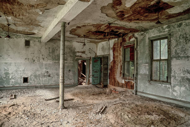 Inside A Condemned Gutted Out Old Building In Inner City Detroit The remains of a gutted out old building in Detroit Michigan after bankruptcy detroit ruins stock pictures, royalty-free photos & images