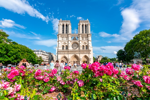 Paris, France - May 2018: Notre-Dame de Paris Cathedral in spring