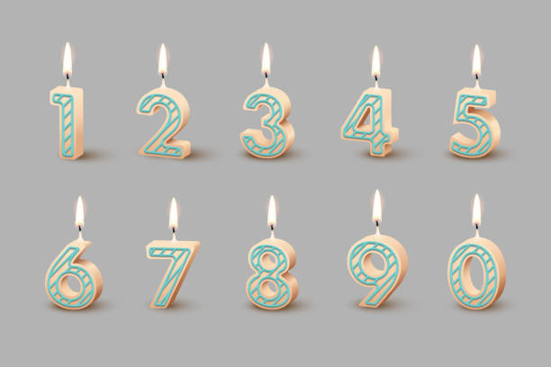 Birthday candles with burning flames isolated on gray background. Vector design elements. Birthday candles with burning flames isolated on gray background. Vector design elements Tart stock illustrations