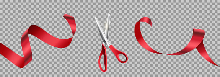 Red scissors cut ribbon realistic illustration. Grand opening ceremony symbols, 3d accessories on transparent background. Traditional ritual before launching new business, campaign