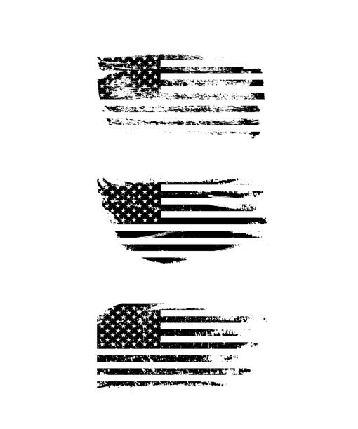 illustrations, cliparts, dessins animés et icônes de illustration noire de drapeaux d'usa de cru. indicateur américain de vecteur sur l'ensemble de texture grunge. - faded