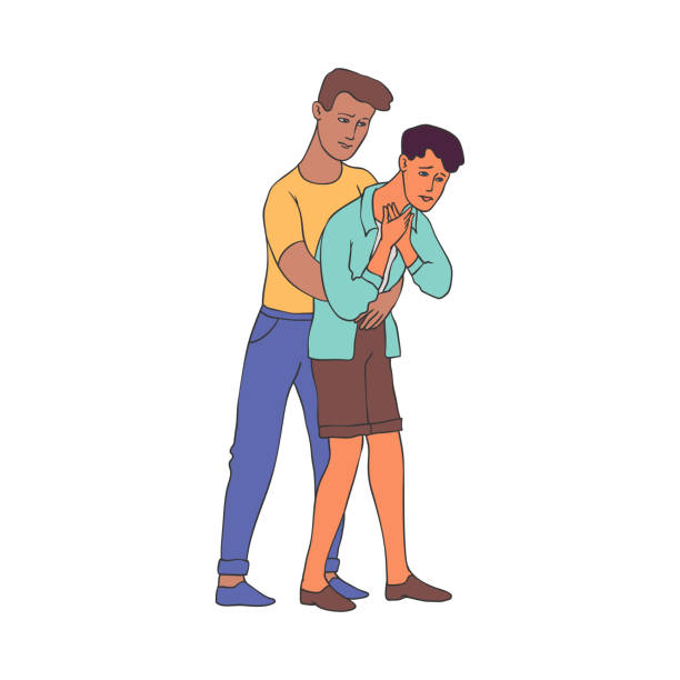 ilustrações de stock, clip art, desenhos animados e ícones de heimlich maneuver vector illustration - young man saving life of boy performing abdominal thrusts in sketch style. - strangling