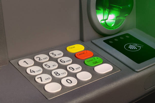 ATM buttons with blinking green light. Moscow, Russia - April 9, 2019