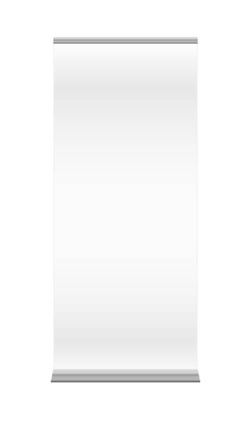 Blank roll up banner display stand. Empty mock up of rollup isolated on a white background. Rollup for your advertisement and public. promotion. Vector illustration of blank narrow roll up or thin rollup banner mock up or template isolated on a white background. Suitable for printing house, printing plant, advertising studio or graphic designer. aluminum sign mockup stock illustrations