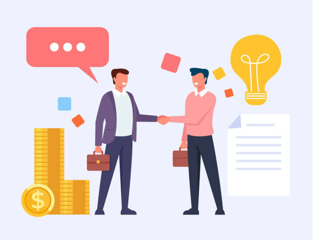 Two business man office workers people characters shaking hands. Vector flat cartoon graphic design illustration Two business man office workers people characters shaking hands. Vector flat cartoon graphic design selling illustrations stock illustrations