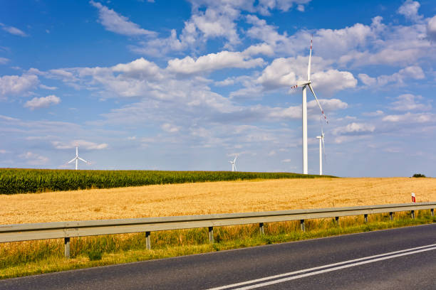 weizenfeld mit windmühlen und blauem himmel - landscape alternative energy scenics farm stock-fotos und bilder