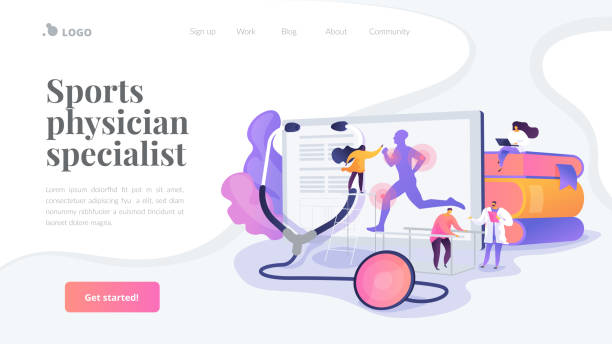 Sport medicine landing page concept Training injuries treatment, physiotherapists helping patients. Sports medicine, sports medical services, sports physician specialist concept. Website homepage header landing web page template. sports medicine stock illustrations