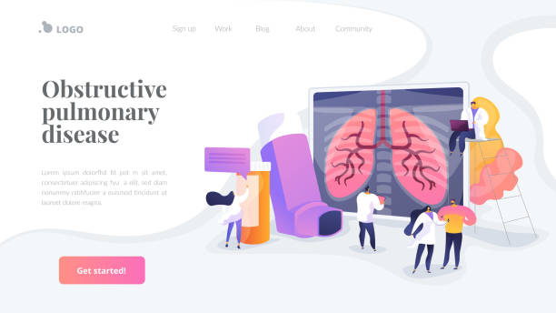 Chronic obstructive pulmonary disease landing page concept Patient suffering from allergic asthma symptoms. Pneumonia treatment. Obstructive pulmonary disease, chronic bronchitis, emphysema concept. Website homepage header landing web page template. animal lung stock illustrations