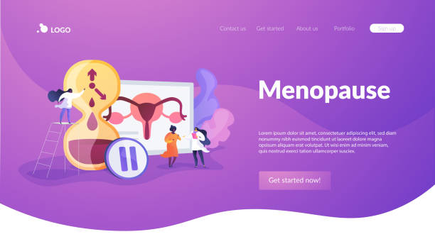 Menopause landing page concept Female personal health concern, worry. Woman getting checked by doctors. Menopause, women climacteric, hormone replacement therapy concept. Website homepage header landing web page template. hormone therapy stock illustrations