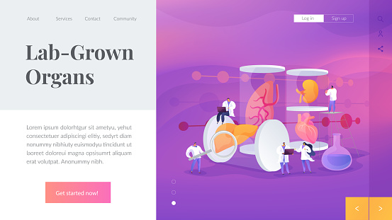 Growing body parts in science laboratory. Great scientific achievement, success Lab-Grown Organs, bioartificial organs, artificial organ concept. Website homepage header landing web page template.