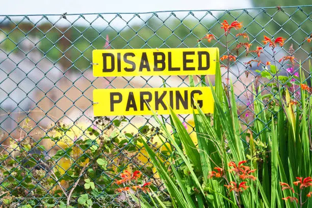 Disabled parking sign on car number plate on fence with flowers at garden centre uk