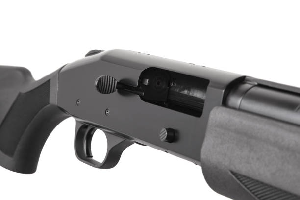 istock Modern black shotgun isolate on white background. Black semi-automatic shotgun on a light background. 1167631022