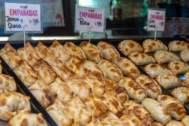 Empanadas on display at market stock photo