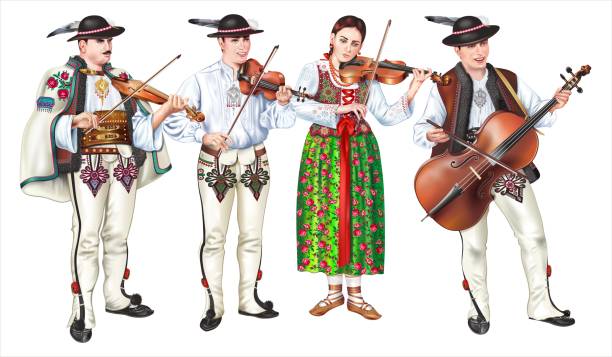 Traditional Zakopane Folk Band Traditional Zakopane Folk Band of Four in Podhale Costumes Playing Violins. Polish Lesser Poland Highlanders Detailed Illustration Isolated on White. zakopane stock pictures, royalty-free photos & images