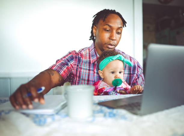 istock African American dad works on a computer with his infant daughter work from home modern masculinity 1167634099