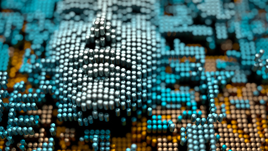 A human-like face emerging from an abstract landscape made of metallic cylinders, artificial intelligence concept