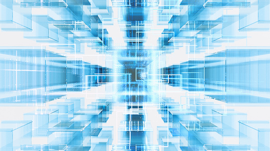 A dark background with transparent blue cubes in formation