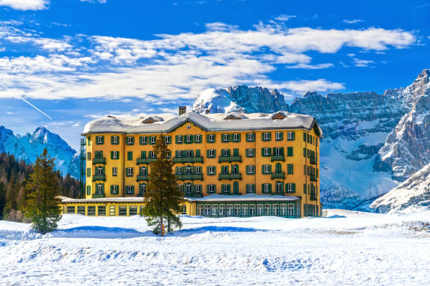 Winter landscape in Dolomites mountain range stock photo