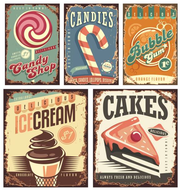 Vintage candy shop collection of tin signs Vintage candy shop collection of tin signs. Retro posters layouts set with sweets, cakes, ice cream and bubble gum. Creative old fashioned rusty ads and banners. 1940s style stock illustrations