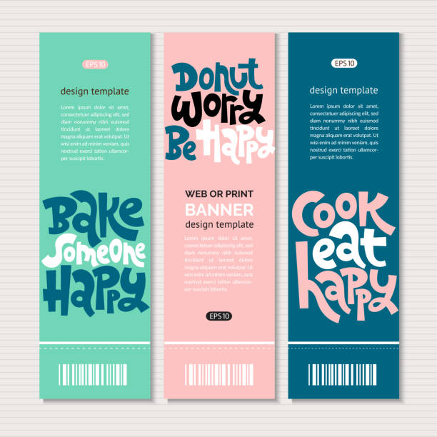 Cooking class quotes Web or print vertical banners design template with hand drawn lettering about food preparation. Great handwritten typography for healthy magazines, cooking web sites and restaurant newsletters. lunch and learn flyer stock illustrations