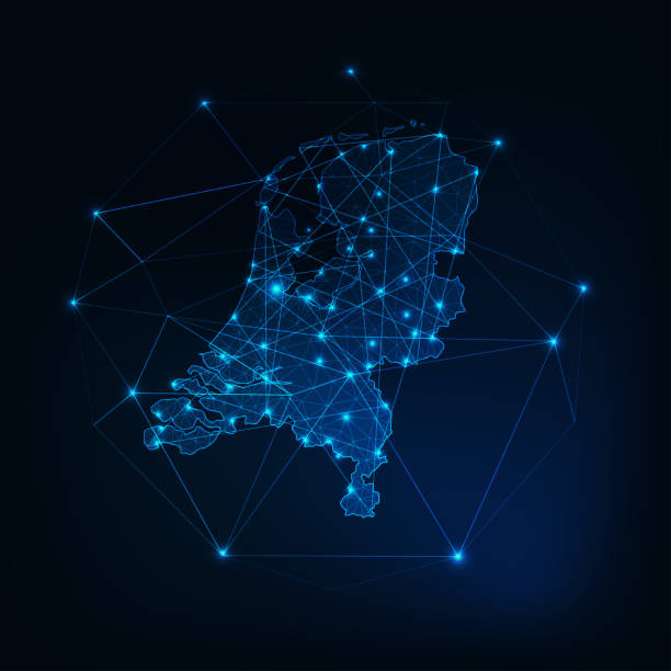 illustrations, cliparts, dessins animés et icônes de pays-bas carte contour de silhouette rougeoyante faite de lignes d'étoiles lignes triangles, formes polygonales basses. - netherlands map cartography silhouette