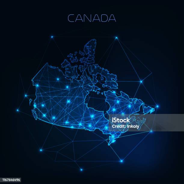 加拿大地圖輪廓與星和線抽象框架溝通連接理念向量圖形及更多加拿大圖片 - 加拿大, 地圖, 聯繫