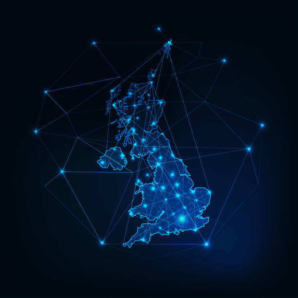 United Kingdom of Great Britain and Northern Ireland map outline. United Kingdom of Great Britain and Northern Ireland map outline. Communication, connection concept.Modern futuristic low polygonal, wireframe, lines and dots design. Vector illustration. uk stock illustrations