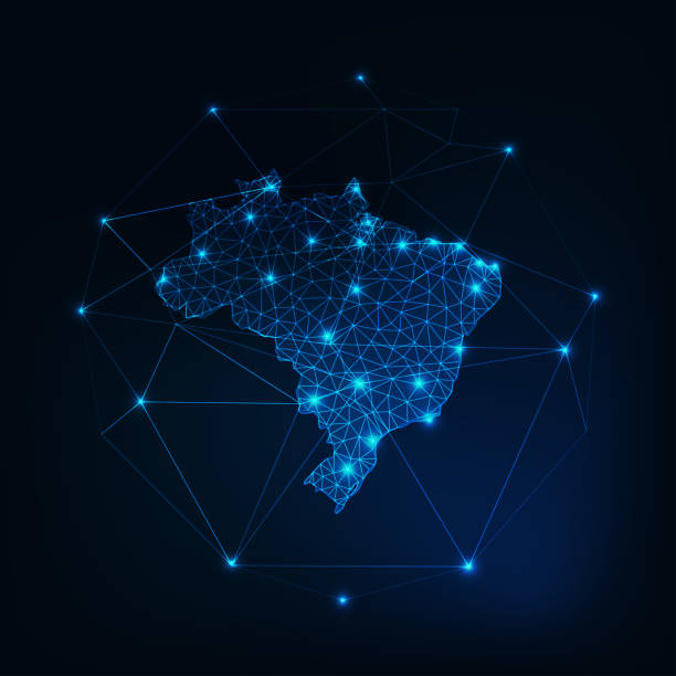 ilustraciones, imágenes clip art, dibujos animados e iconos de stock de esquema de mapa de brasil con estrellas y líneas marco abstracto. - brasilero