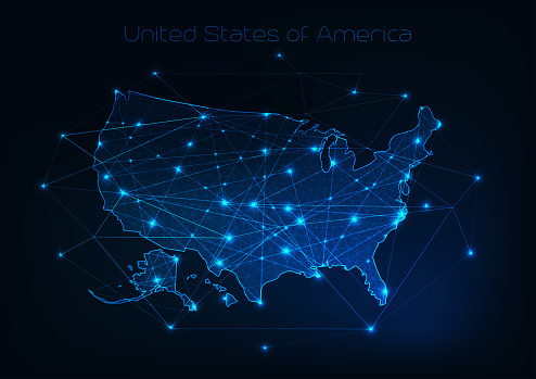 United States of America USA map outline with stars and lines abstract framework. Communication, connection concept.Modern futuristic low polygonal, wireframe, lines dots design. Vector illustration.