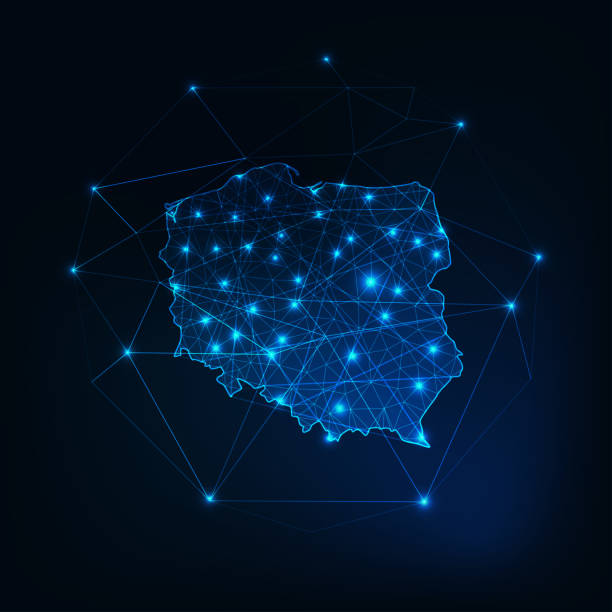 Poland map outline with stars and lines abstract framework. Poland map outline with stars and lines abstract framework. Communication, connection concept. Modern futuristic low polygonal, wireframe, lines and dots design. Vector illustration. poland stock illustrations