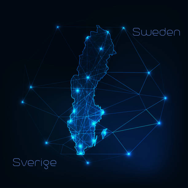 별과 라인 추상 프레임 워크와 스웨덴지도 개요. 통신, 연결 개념. - sweden map stockholm vector stock illustrations